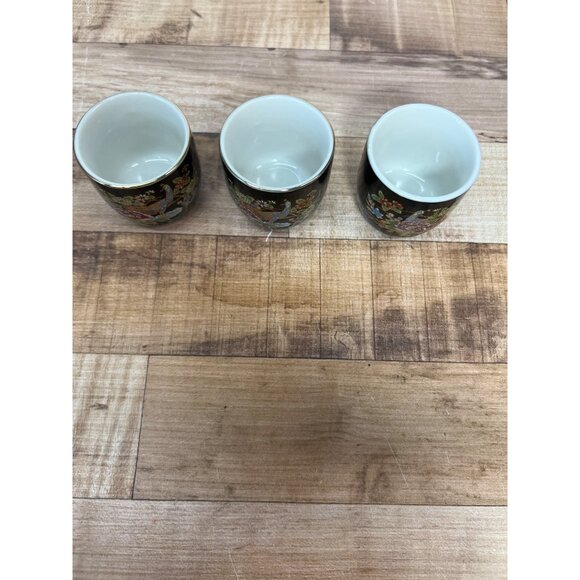Set Of 3 D.L Japan Black Ceramic Teacups With Hand-Painted Floral & Peacock Desi - Picture 2 of 5